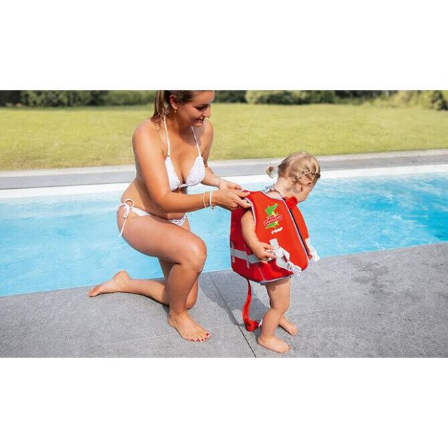 Vesta de inot pentru copii, ajustabila, 15–19 kg (2-3 ani), marimea S, rosie, cu imprimeu crocodil, Reer MySwimBuddy Swim Vest S, 66034
