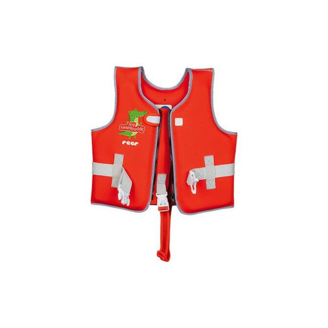 Vesta de inot pentru copii, ajustabila, 15–19 kg (2-3 ani), marimea S, rosie, cu imprimeu crocodil, Reer MySwimBuddy Swim Vest S, 66034