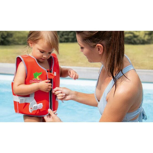 Vesta de inot pentru copii, ajustabila, 19–30 kg (3-6 ani), marimea M, rosie, cu imprimeu crocodil, Reer MySwimBuddy Swim Vest M, 66044