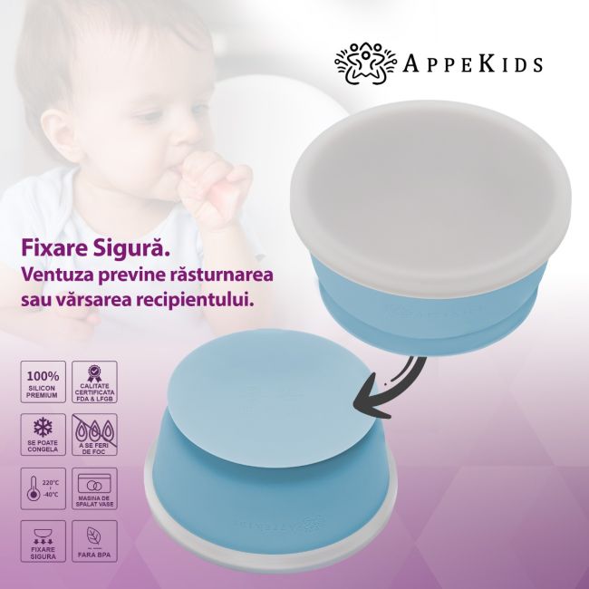 Bol din silicon cu ventuza si capac, AppeKids - Aqua Blue KRTAK275787