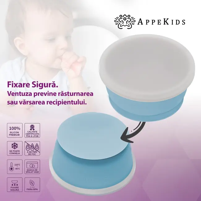Bol din silicon cu ventuza si capac, AppeKids - Aqua Blue KRTAK275787