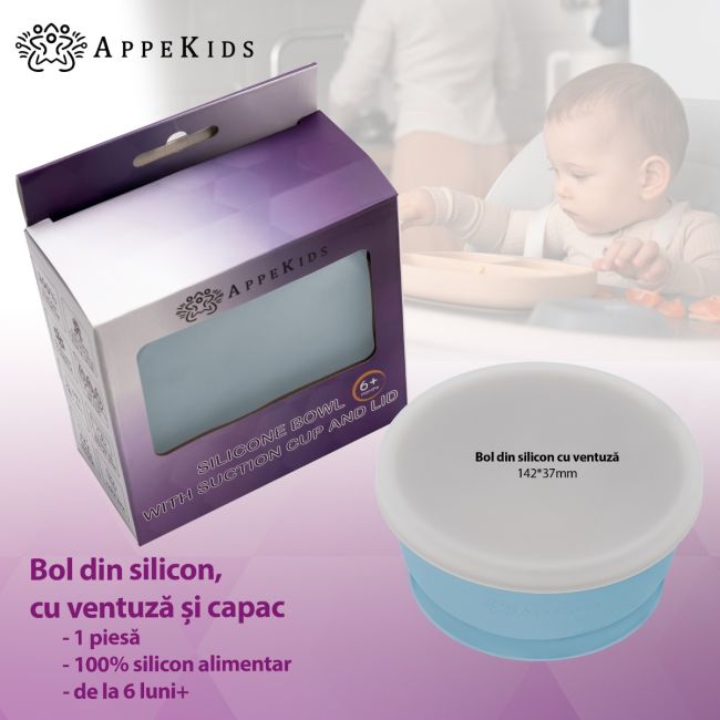 Bol din silicon cu ventuza si capac, AppeKids - Aqua Blue KRTAK275787