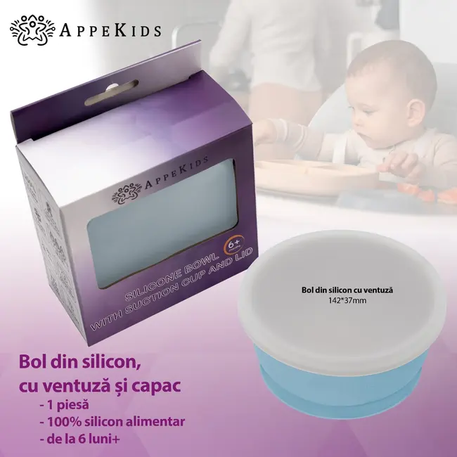 Bol din silicon cu ventuza si capac, AppeKids - Aqua Blue KRTAK275787