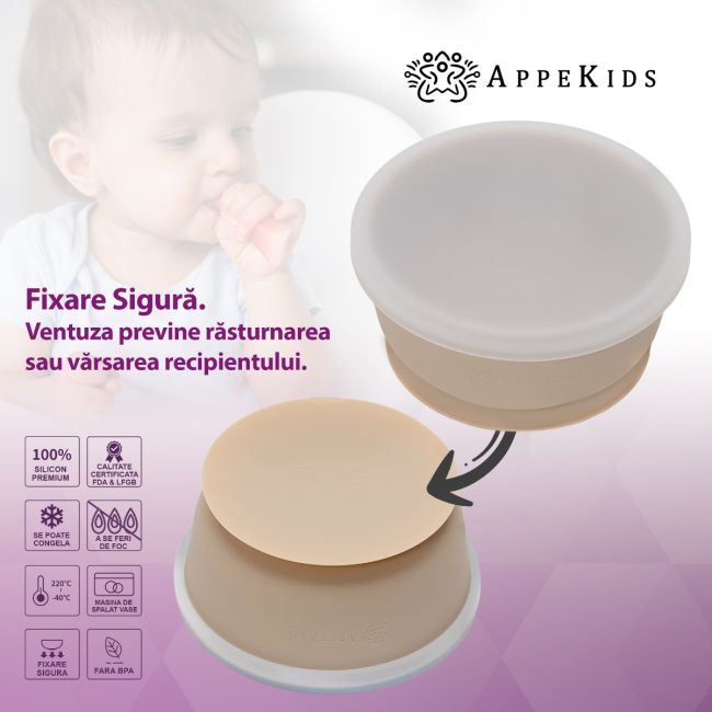 Bol din silicon cu ventuza si capac, AppeKids - Bubble Beige KRTAK275756