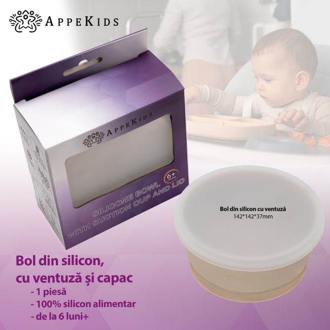 Bol din silicon cu ventuza si capac, AppeKids - Bubble Beige KRTAK275756