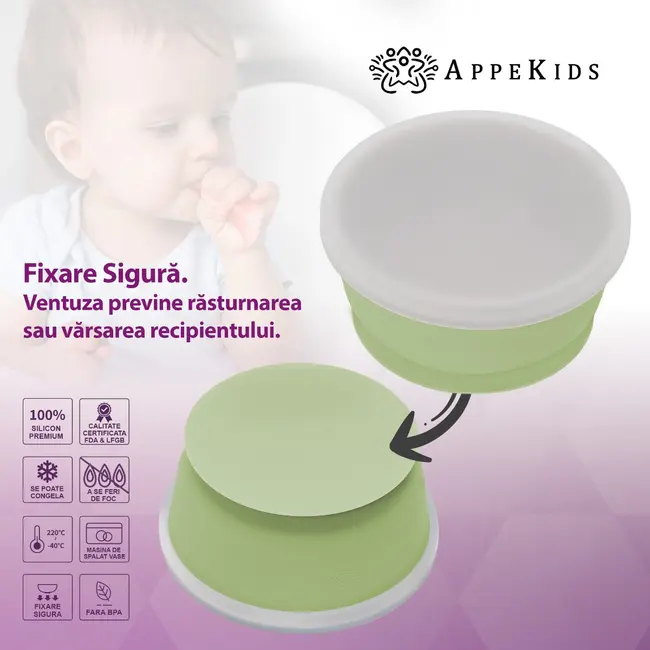 Bol din silicon cu ventuza si capac, AppeKids - Raw Green KRTAK275794