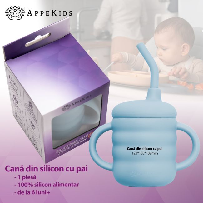 Cana din silicon cu pai, AppeKids - Aqua Blue KRTAK275435