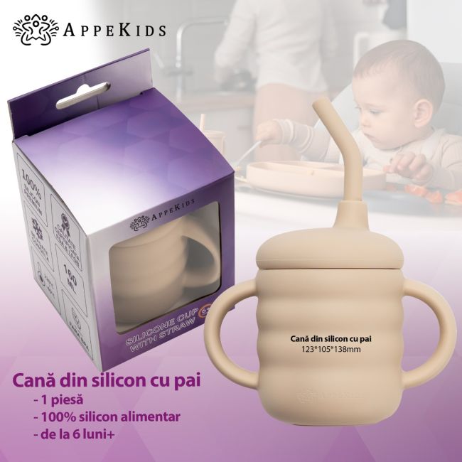 Cana din silicon cu pai, AppeKids - Bubble Beige KRTAK275404