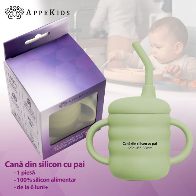 Cana din silicon cu pai, AppeKids - Raw Green KRTAK275442