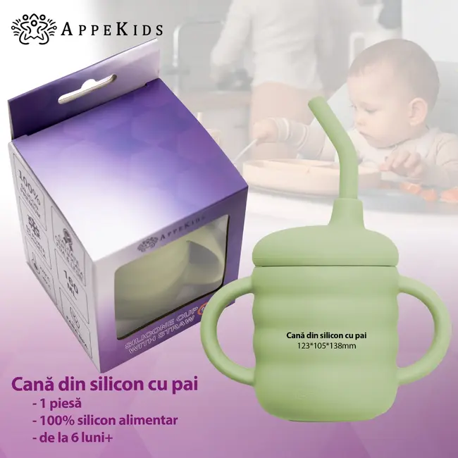 Cana din silicon cu pai, AppeKids - Raw Green KRTAK275442