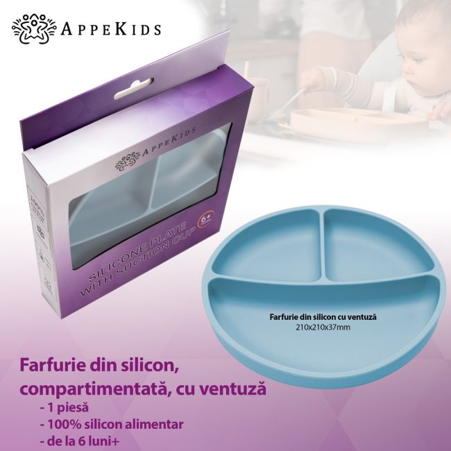 Farfurie compartimentata din silicon cu ventuza, AppeKids - Aqua Blue KRTAK275831