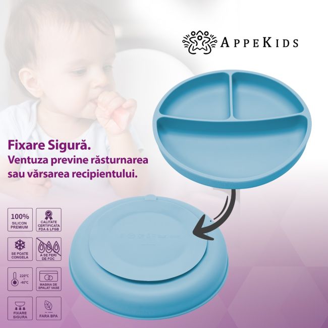 Farfurie compartimentata din silicon cu ventuza, AppeKids - Aqua Blue KRTAK275831