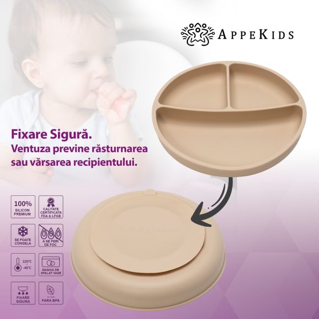 Farfurie compartimentata din silicon cu ventuza, AppeKids - Bubble Beige KRTAK275800