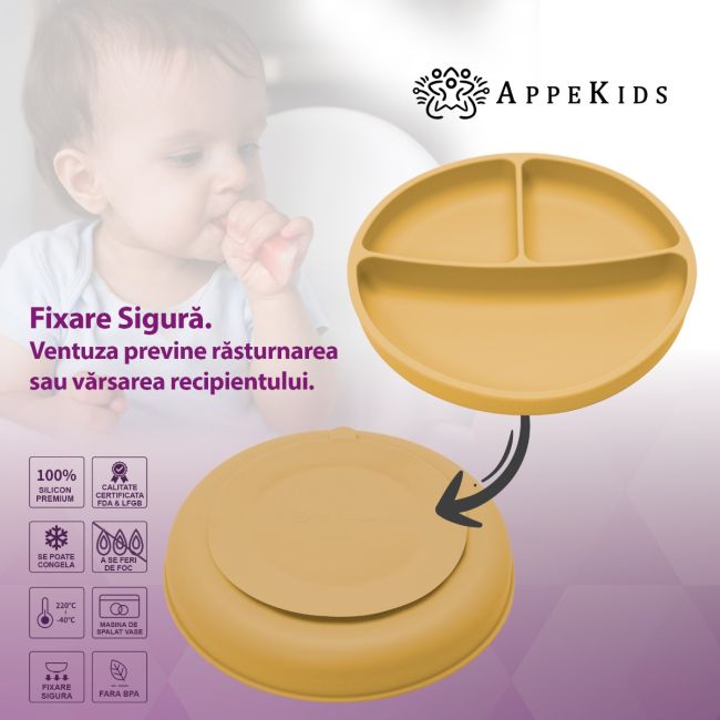 Farfurie compartimentata din silicon cu ventuza, AppeKids - Honey KRTAK275817