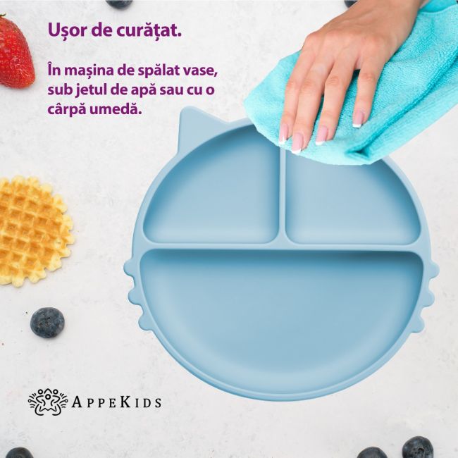 Farfurie compartimentata din silicon cu ventuza, AppeKids - Kitty - Aqua Blue KRTAK275336