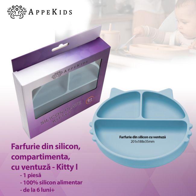 Farfurie compartimentata din silicon cu ventuza, AppeKids - Kitty - Aqua Blue KRTAK275336