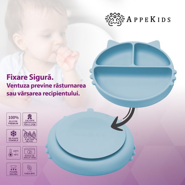 Farfurie compartimentata din silicon cu ventuza, AppeKids - Kitty - Aqua Blue KRTAK275336