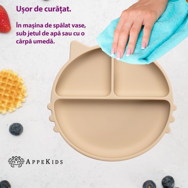Farfurie compartimentata din silicon cu ventuza, AppeKids - Kitty - Bubble Beige KRTAK275305