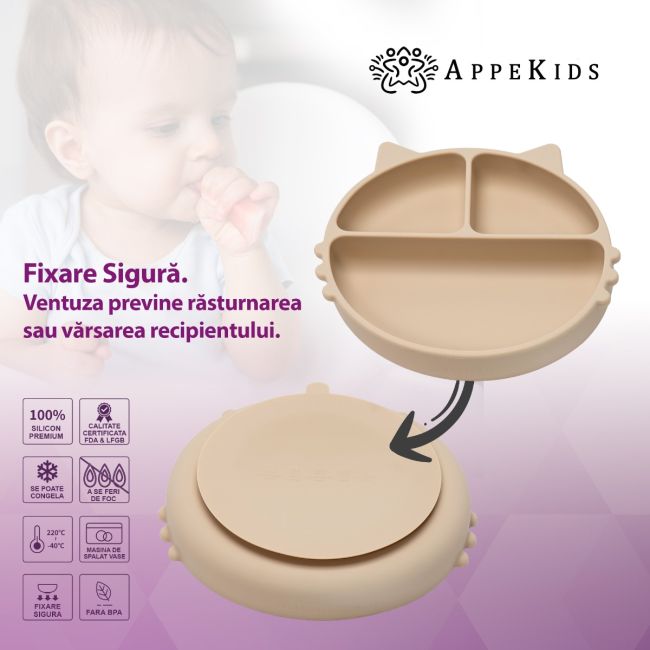 Farfurie compartimentata din silicon cu ventuza, AppeKids - Kitty - Bubble Beige KRTAK275305