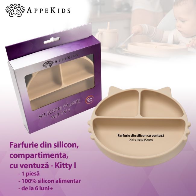 Farfurie compartimentata din silicon cu ventuza, AppeKids - Kitty - Bubble Beige KRTAK275305