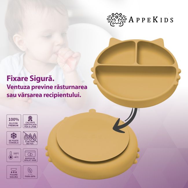 Farfurie compartimentata din silicon cu ventuza, AppeKids - Kitty - Honey KRTAK275312