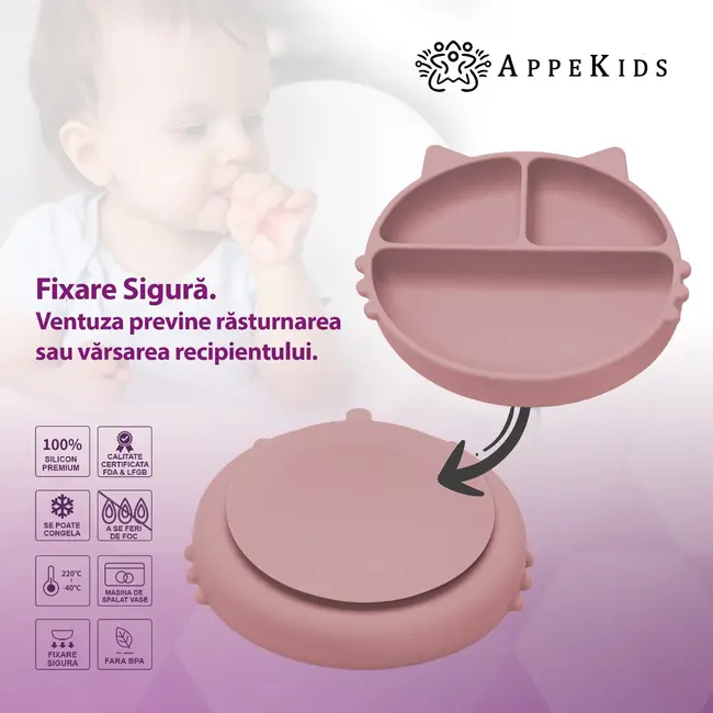 Farfurie compartimentata din silicon cu ventuza, AppeKids - Kitty - Old Rose KRTAK275329