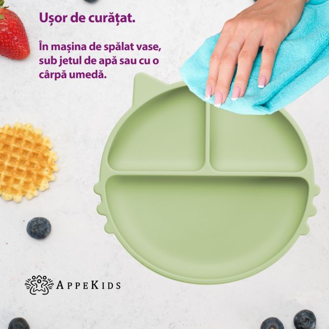 Farfurie compartimentata din silicon cu ventuza, AppeKids - Kitty - Raw Green KRTAK275343