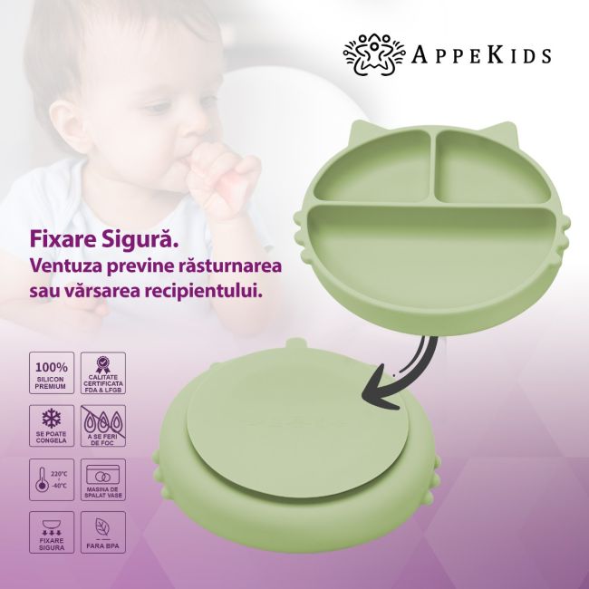 Farfurie compartimentata din silicon cu ventuza, AppeKids - Kitty - Raw Green KRTAK275343