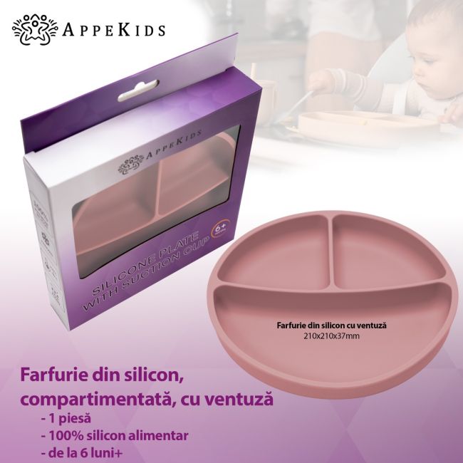 Farfurie compartimentata din silicon cu ventuza, AppeKids - Old Rose KRTAK275824
