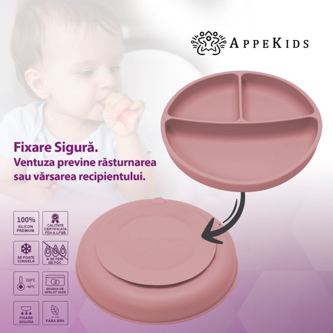 Farfurie compartimentata din silicon cu ventuza, AppeKids - Old Rose KRTAK275824