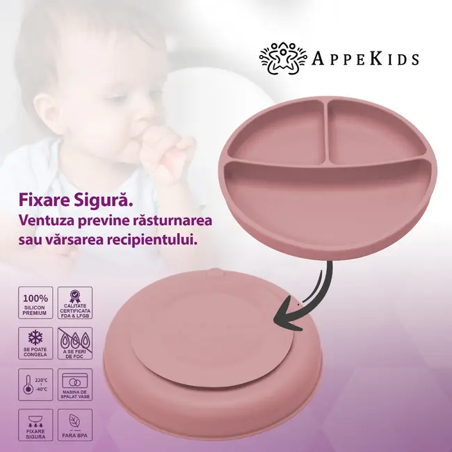 Farfurie compartimentata din silicon cu ventuza, AppeKids - Old Rose KRTAK275824