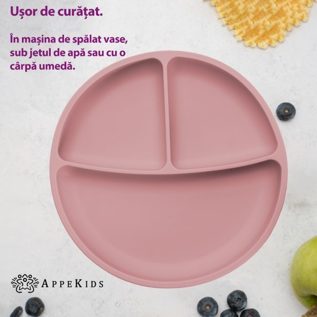 Farfurie compartimentata din silicon cu ventuza, AppeKids - Old Rose KRTAK275824