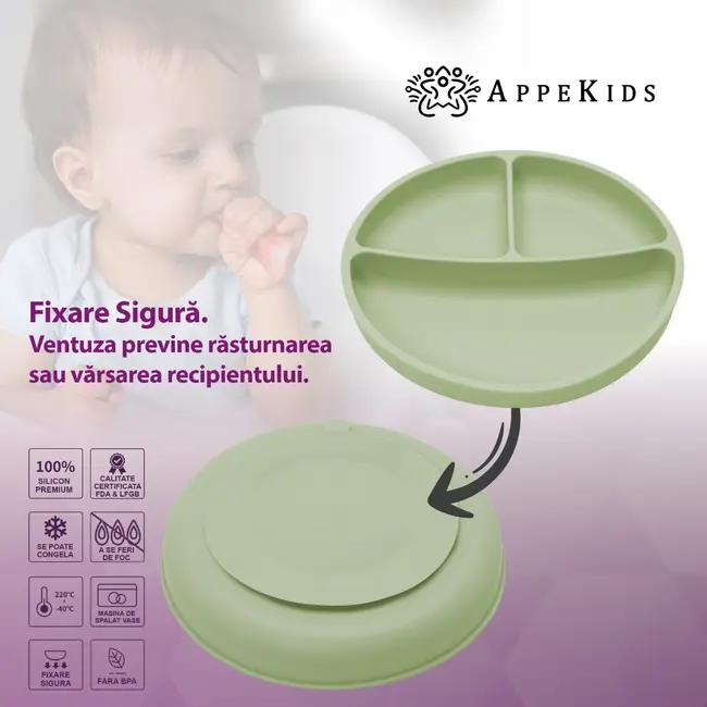 Farfurie compartimentata din silicon cu ventuza, AppeKids - Raw Green KRTAK275848