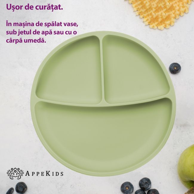 Farfurie compartimentata din silicon cu ventuza, AppeKids - Raw Green KRTAK275848