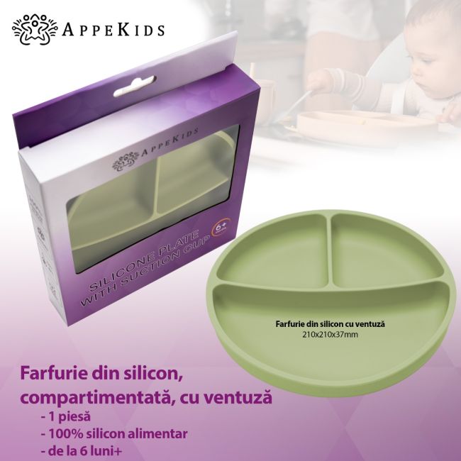 Farfurie compartimentata din silicon cu ventuza, AppeKids - Raw Green KRTAK275848