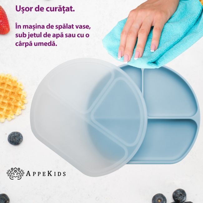Farfurie compartimentata din silicon cu ventuza si capac, AppeKids - Aqua Blue KRTAK275732