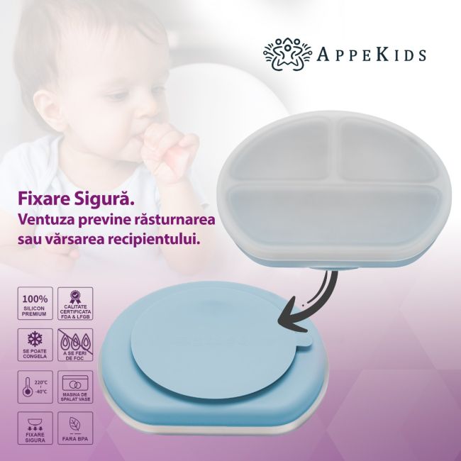 Farfurie compartimentata din silicon cu ventuza si capac, AppeKids - Aqua Blue KRTAK275732