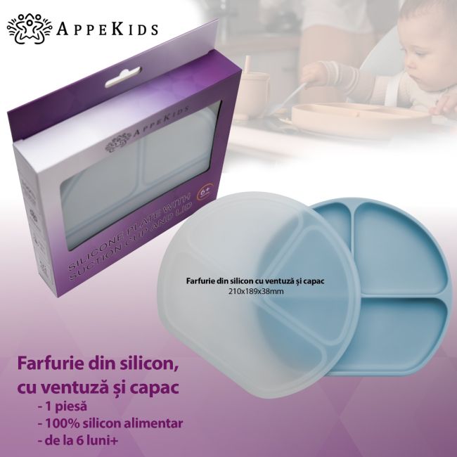 Farfurie compartimentata din silicon cu ventuza si capac, AppeKids - Aqua Blue KRTAK275732
