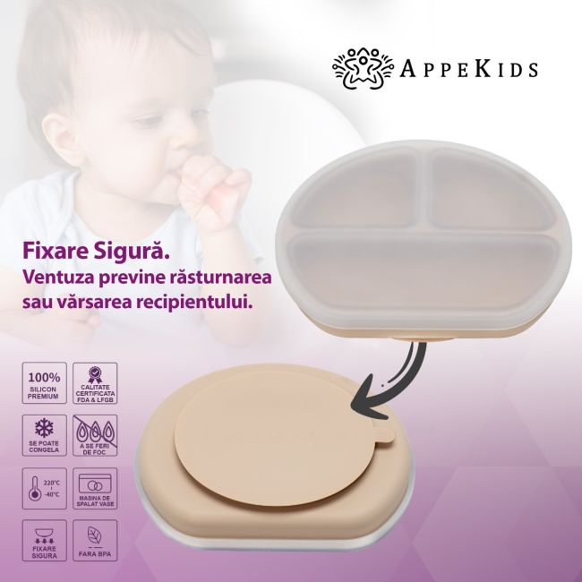 Farfurie compartimentata din silicon cu ventuza si capac, AppeKids - Bubble Beige KRTAK275701