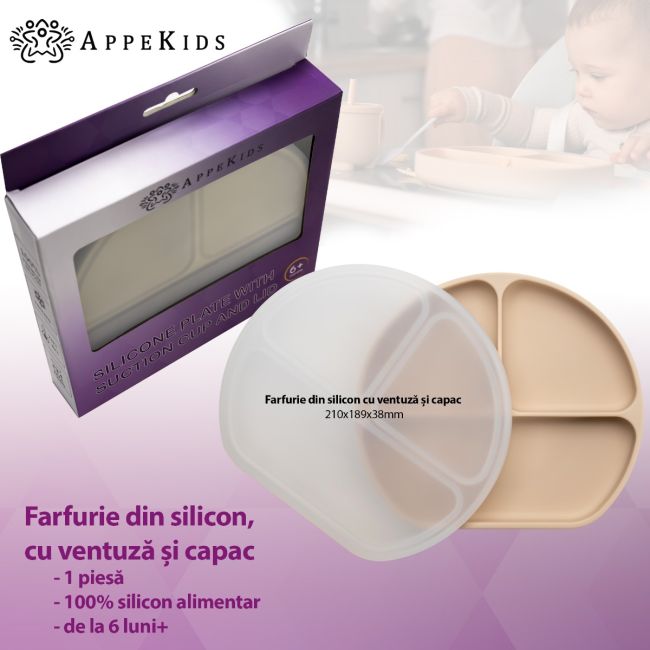 Farfurie compartimentata din silicon cu ventuza si capac, AppeKids - Bubble Beige KRTAK275701