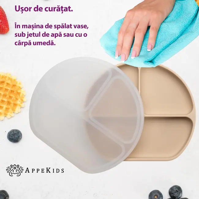 Farfurie compartimentata din silicon cu ventuza si capac, AppeKids - Bubble Beige KRTAK275701