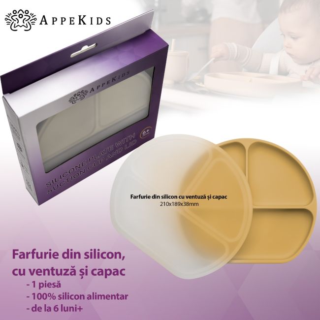 Farfurie compartimentata din silicon cu ventuza si capac, AppeKids - Honey KRTAK275718