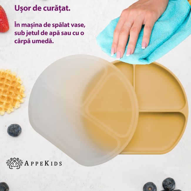 Farfurie compartimentata din silicon cu ventuza si capac, AppeKids - Honey KRTAK275718
