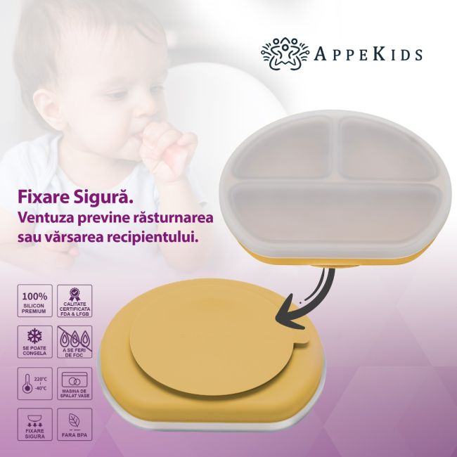Farfurie compartimentata din silicon cu ventuza si capac, AppeKids - Honey KRTAK275718
