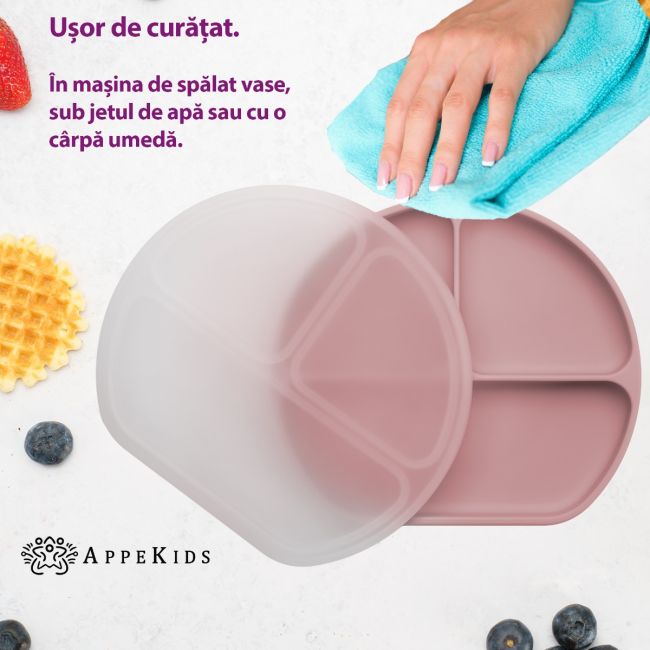 Farfurie compartimentata din silicon cu ventuza si capac, AppeKids - Old Rose KRTAK275725
