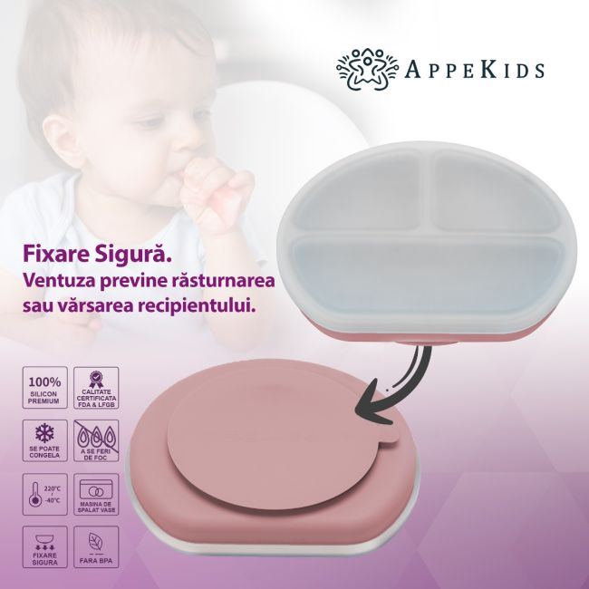 Farfurie compartimentata din silicon cu ventuza si capac, AppeKids - Old Rose KRTAK275725