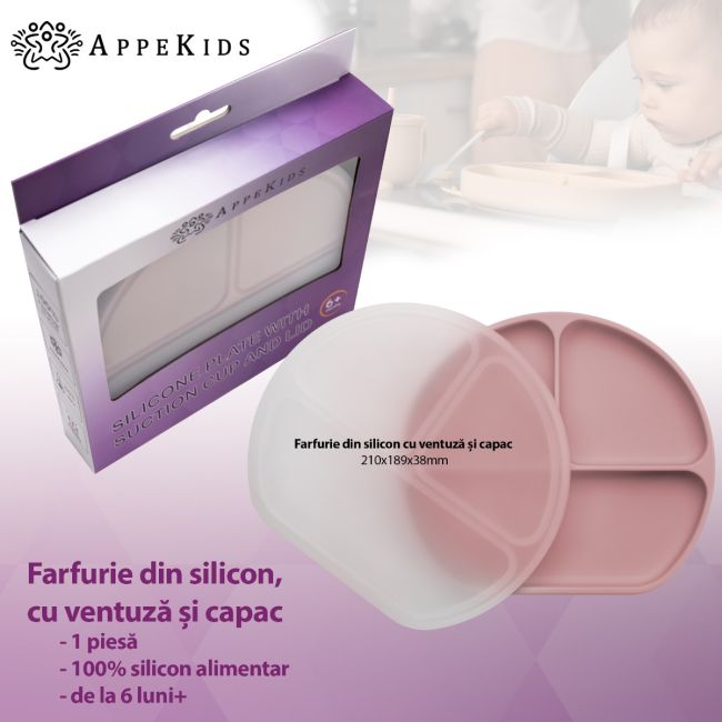 Farfurie compartimentata din silicon cu ventuza si capac, AppeKids - Old Rose KRTAK275725