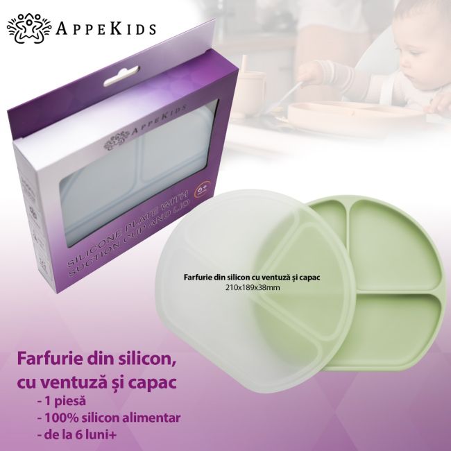 Farfurie compartimentata din silicon cu ventuza si capac, AppeKids - Raw Green KRTAK275749