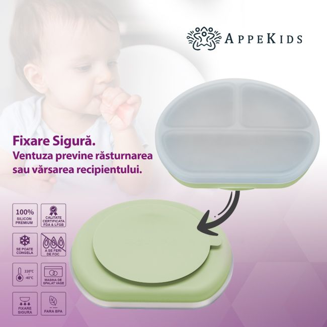 Farfurie compartimentata din silicon cu ventuza si capac, AppeKids - Raw Green KRTAK275749