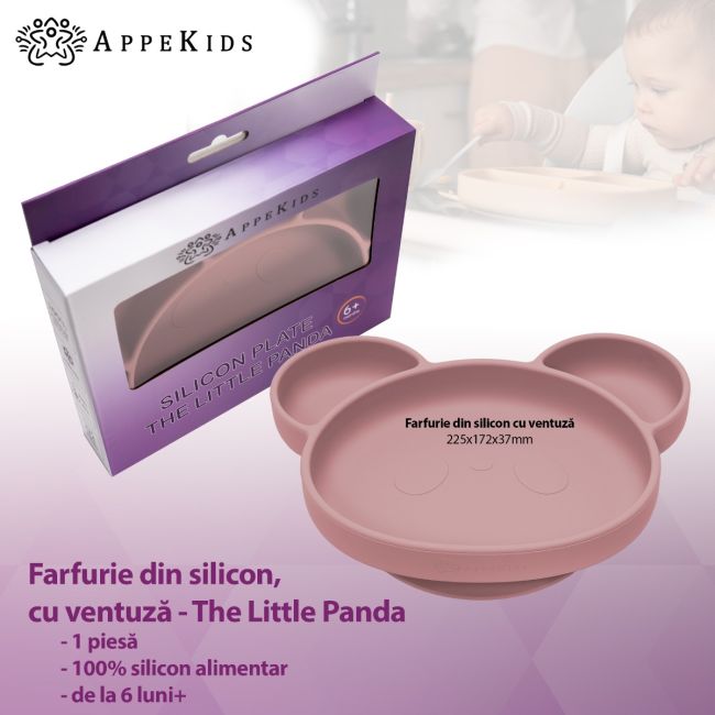Farfurie din silicon cu ventuza, AppeKids, Panda - Old Rose KRTAK275879